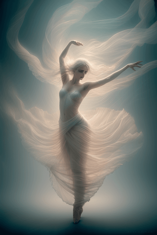 AI generated: Ethereal beauty, soft pastel tones, backlighting, long exposure, flowing fabric, portrait of a dance...
