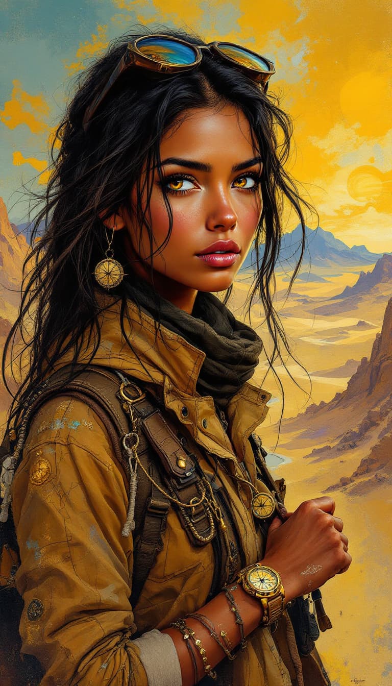 AI generated: "Golden Explorer in a Shifting Desert": A captivating abstract painting portrays an explorer, exudin...