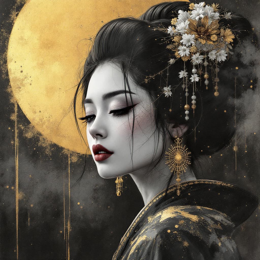 AI generated: Geisha in Charcoal style, with gold and indigo smudged lines --style raw --ar 3:2