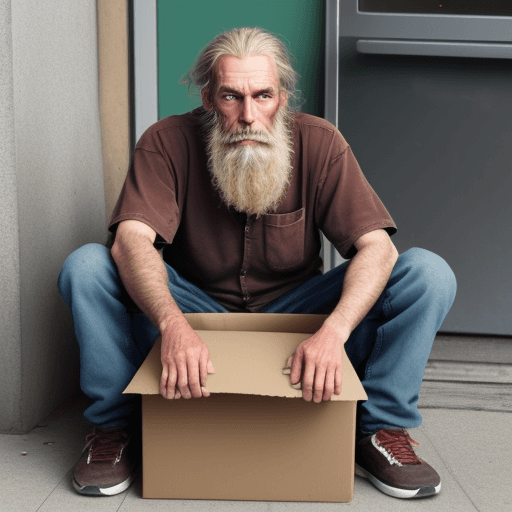 AI generated: Homeless man without a beard sits on a box 