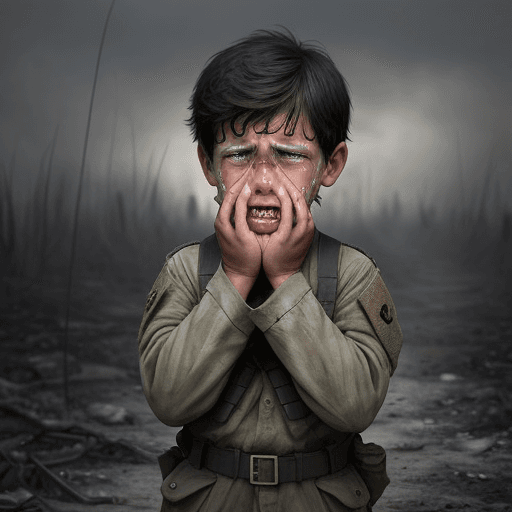 AI generated: Boy crying from behind war 