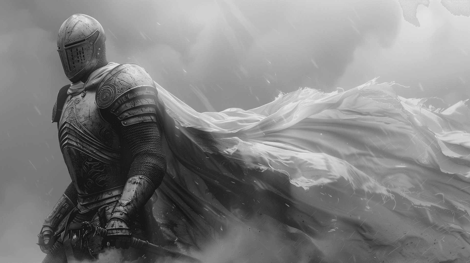 AI generated: detailed pencil drawing of a knight, standing tall and proud, shield in hand and a flowing cloak bil...