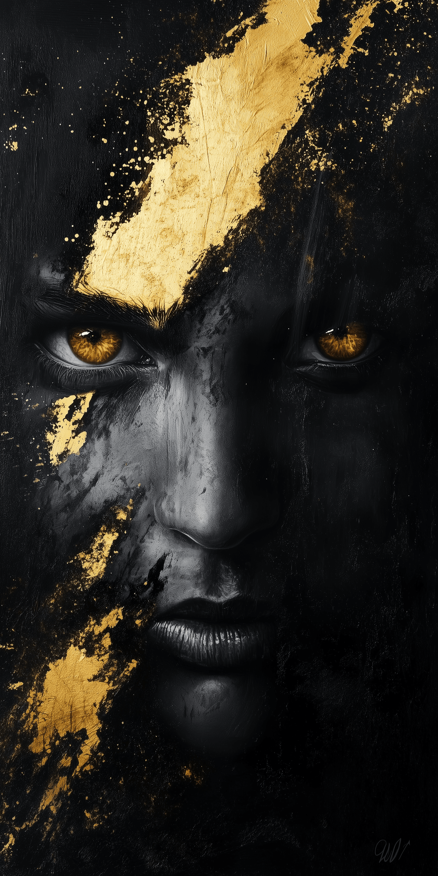 AI generated: Black and gold, a black face with yellow eyes, paint splashes, digital art style, dark background, a...