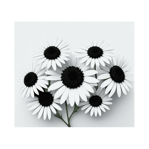 AI generated: This is a picture, it has a white background and black daisies on it, these daisies are all over the...