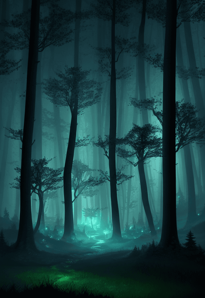 AI generated: Night magical fantasy forest. Forest landscape, neon, magical lights in the forest. Fairy-tale atmos...