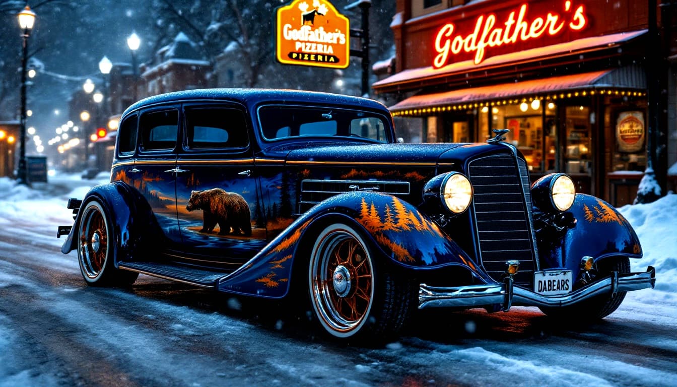 AI generated: A realistic, front, side photo of an exquisite 1933 Cadillac V16 four door sedan with a shiny, metal...