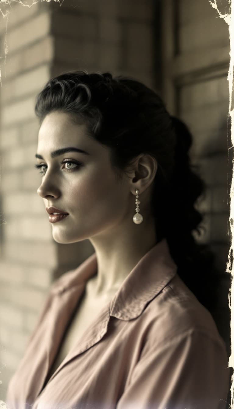 AI generated: 1940's, Polarized photo , Jennifer Connelly,ponytail hairstyle, feeling.