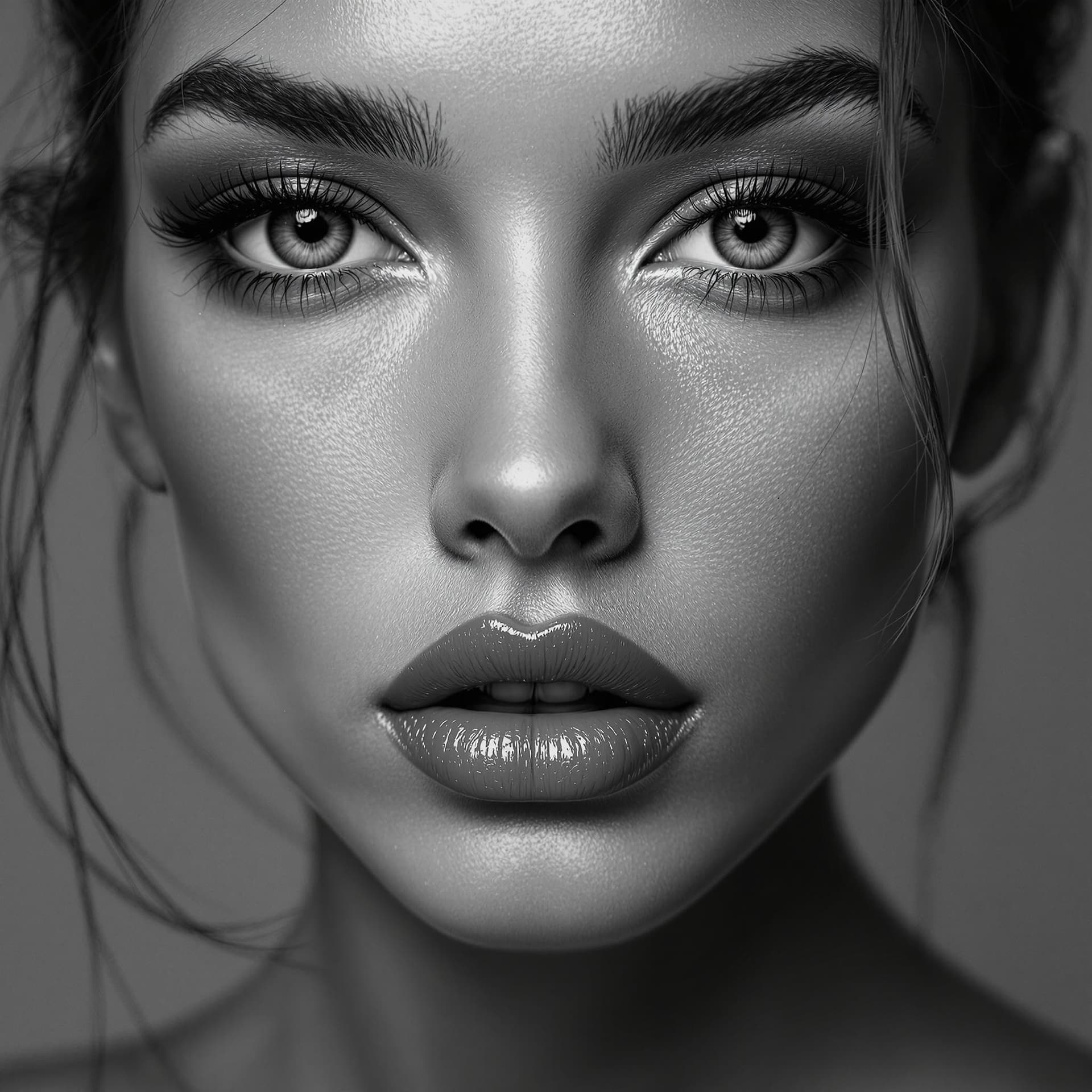 AI generated: fashion photography, cover photo, black and white, female model, facing the camera, shot on Sony A7 ...