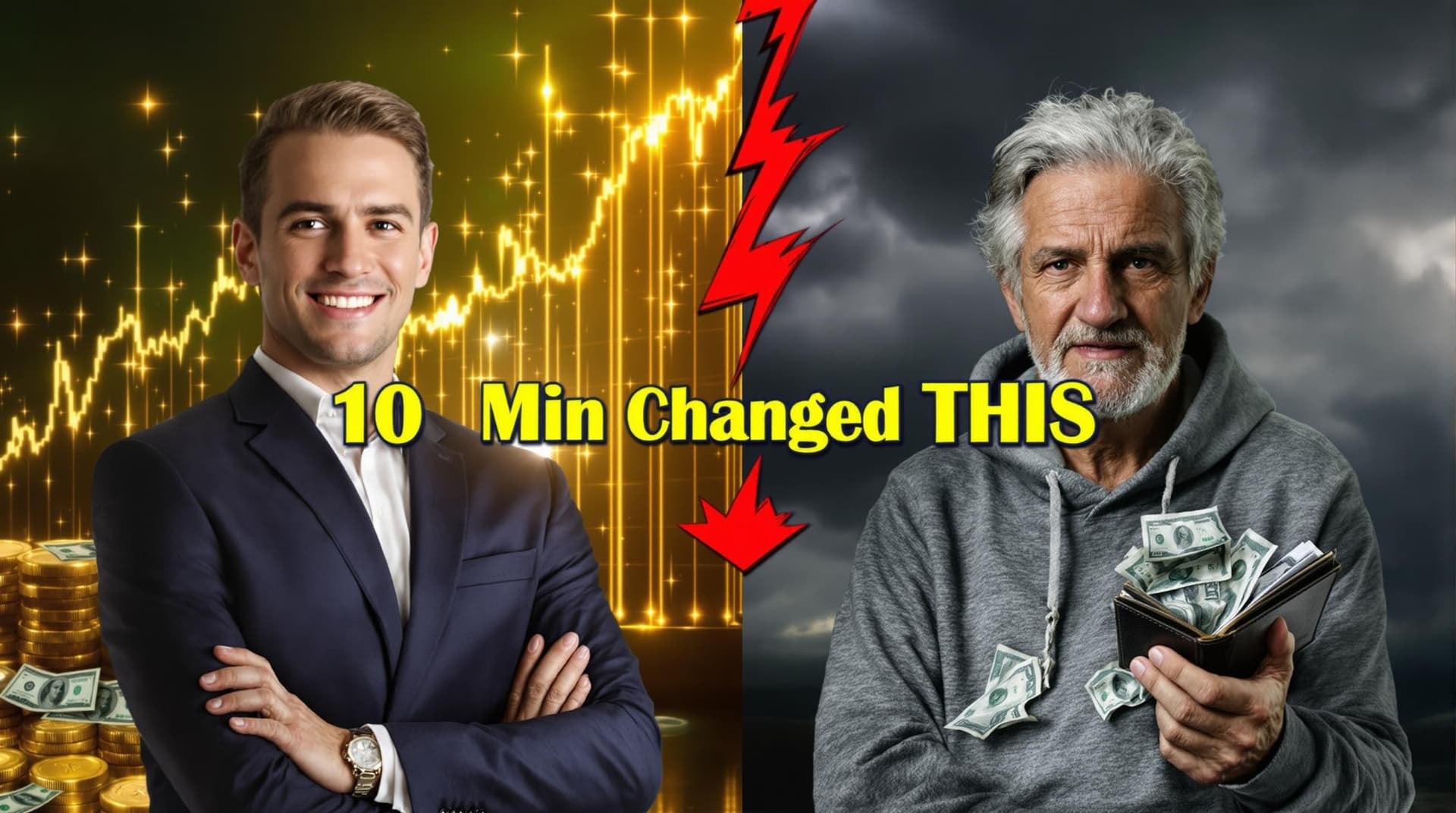 AI generated: YouTube thumbnail, split vertically down the middle: on the left side, a clean-shaven young man in a...