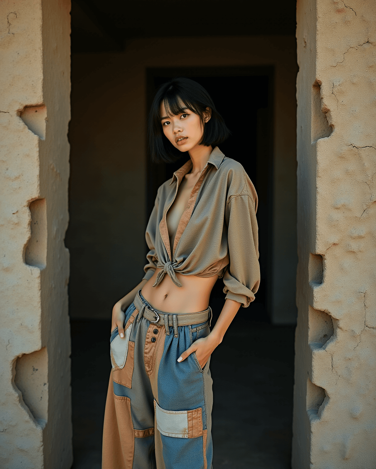 AI generated: High fashion photo of a slim, small breast, flat chest, abs, young asian female supermodel, with sho...