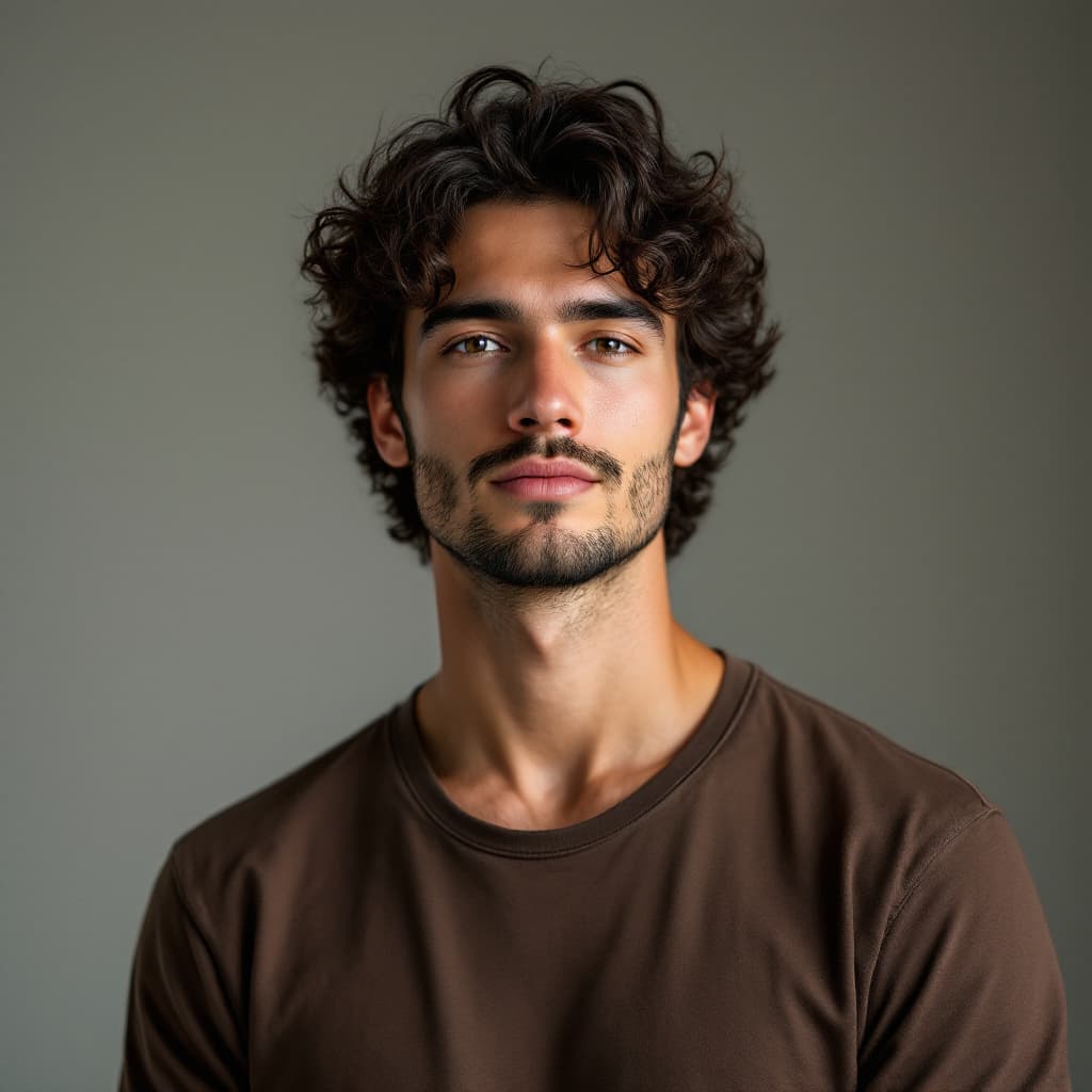 AI generated: Studio shot of a 25-year-old white American man, dark curly hair, rich brown T-shirt with subtle tex...
