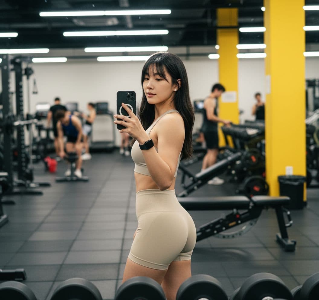 AI generated: Realistic gym mirror‑selfie of ME in a modern fitness center. Three‑quarter body shot from the side‑...