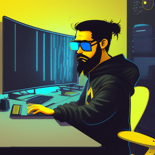 AI generated: hacker, dark room, coder, computer, man, stubby beard, cool, grunge, (typing), ultradetailed, detail...