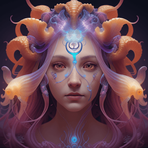 AI generated: Goddess close-up portrait ribcagel. jellyfish phoenix head, nautilus, orchid, skull, betta fish, bio...
