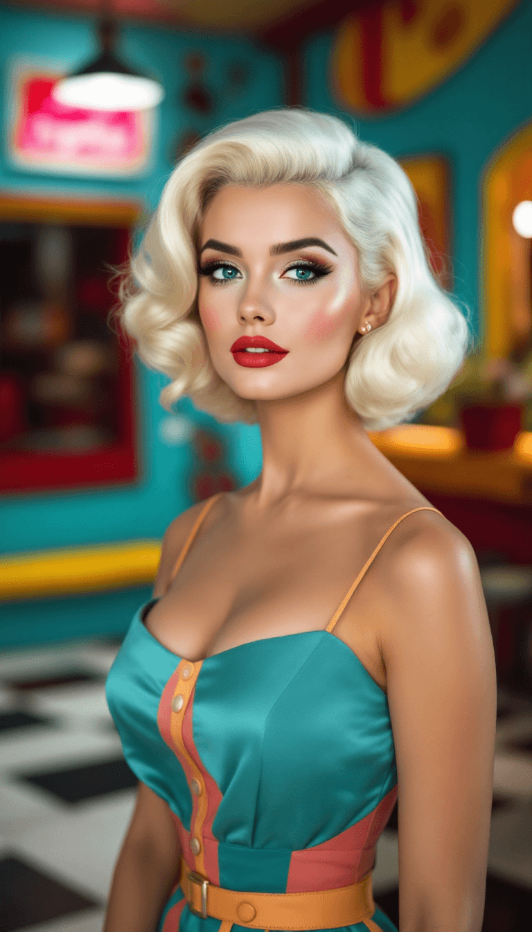 AI generated: A stylish woman with platinum blonde hair, styled in a classic retro hairstyle. Her eyes are bright,...