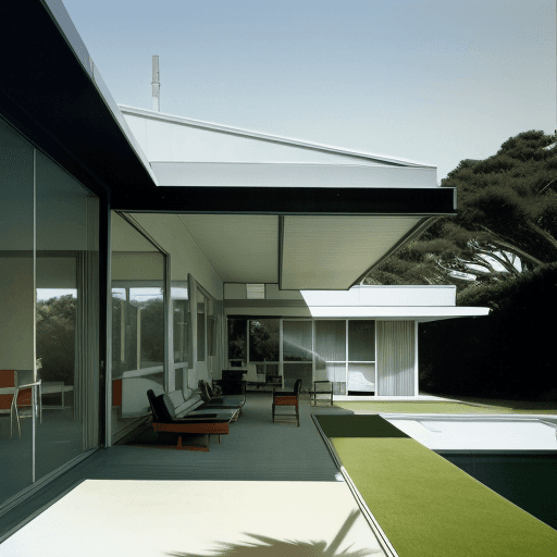 AI generated: Hyper realistic eye level exterior photo of a mid century modern style house overlooking the ocean, ...