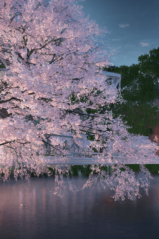 AI generated: white cherry trees blooming at twilight, lilly pond, elegant bridges, cgsociety 3D, unreal engine, t...