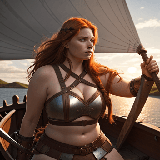 AI generated: a fierce, beautiful, curvy female Viking warrior leaning against the hull of a Viking boat, evening ...