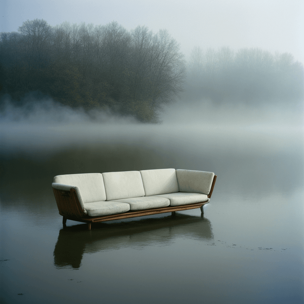 AI generated: Photo of a broken big sofa sticking out of the lake, fog mads berg, design chair by Hans Wegner, nor...