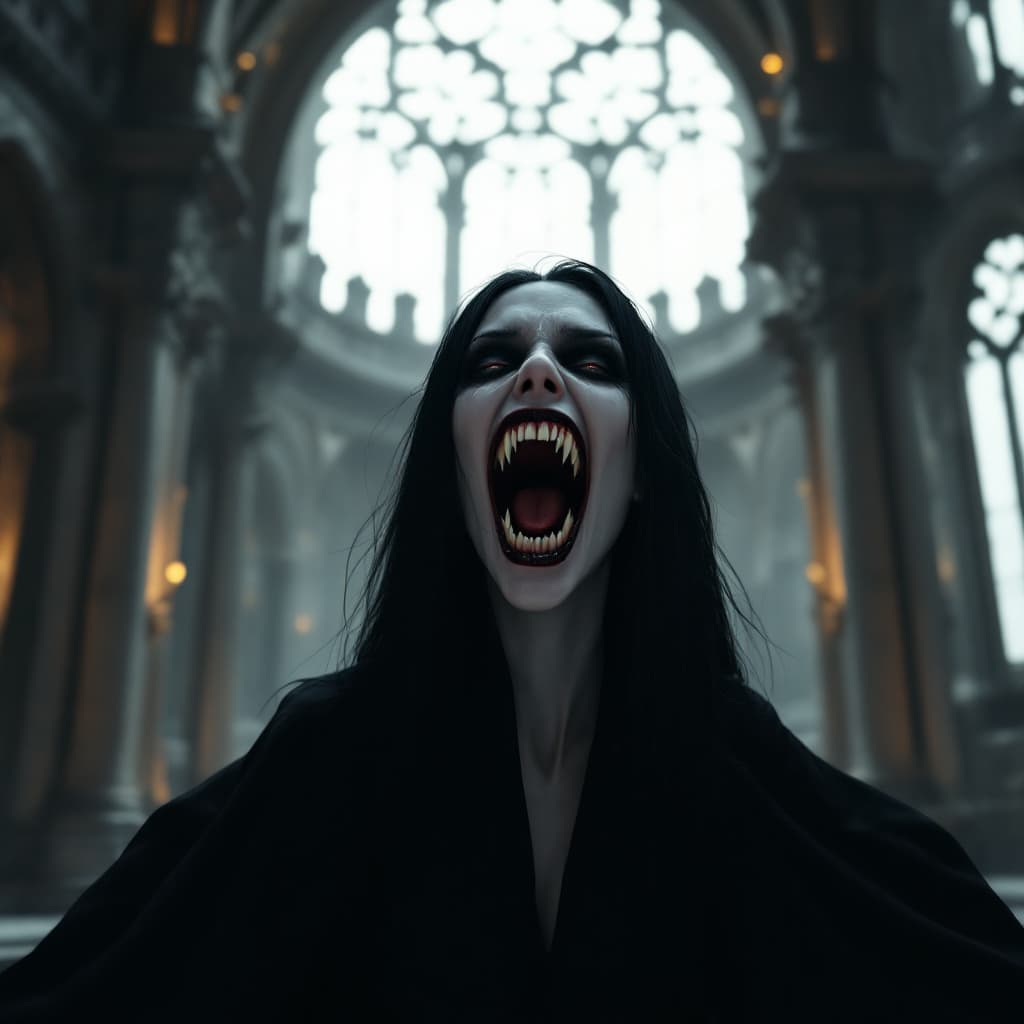 AI generated: female vampire, a vampire woman nosferatu 
with enormously long incisors with her mouth open, reveal...