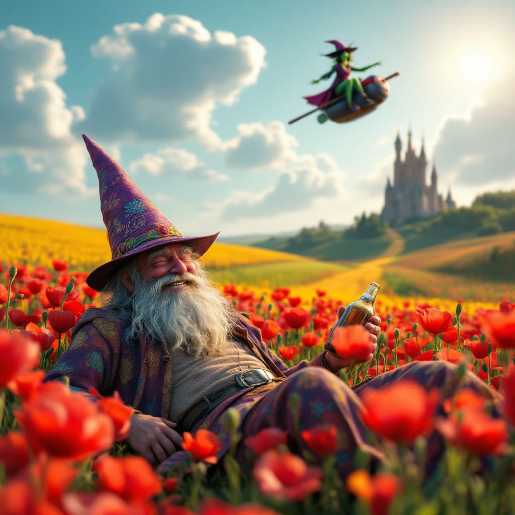AI generated: a totally wasted  hippie with a dopey grin partly closed eyes is  in a field of poppies laying prone...