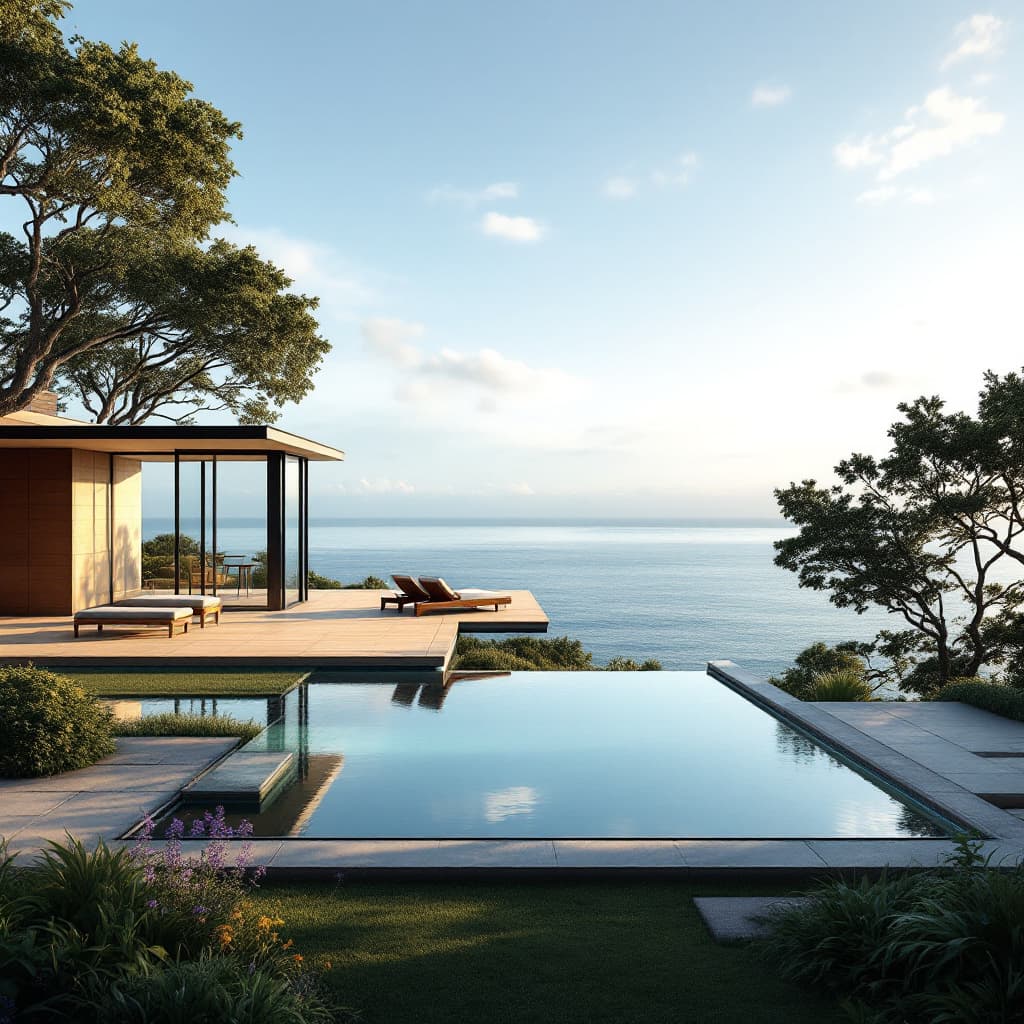 AI generated: Hyper realistic eye level exterior photo of a mid century modern style house overlooking the ocean, ...