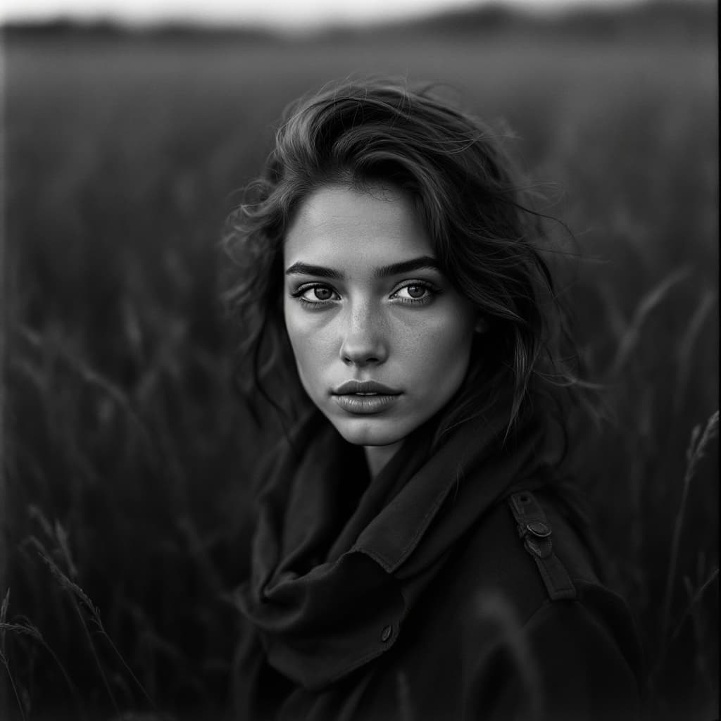 AI generated: a young woman standing in the grass, in the style of stark black-and-white photography, hasselblad 1...