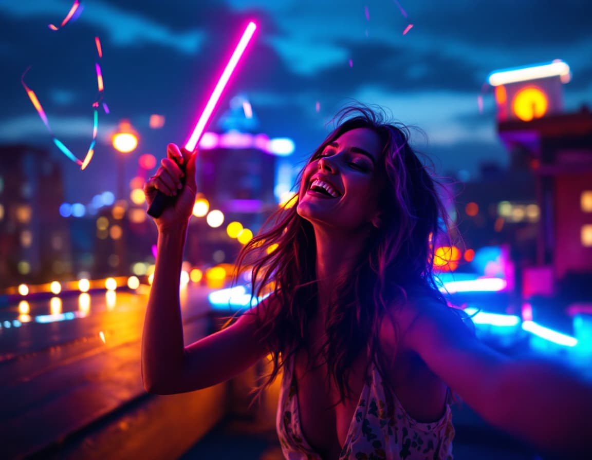 AI generated: 4:3 Create a photorealistic scene featuring a beautiful raver girl with glow sticks dancing joyfully...