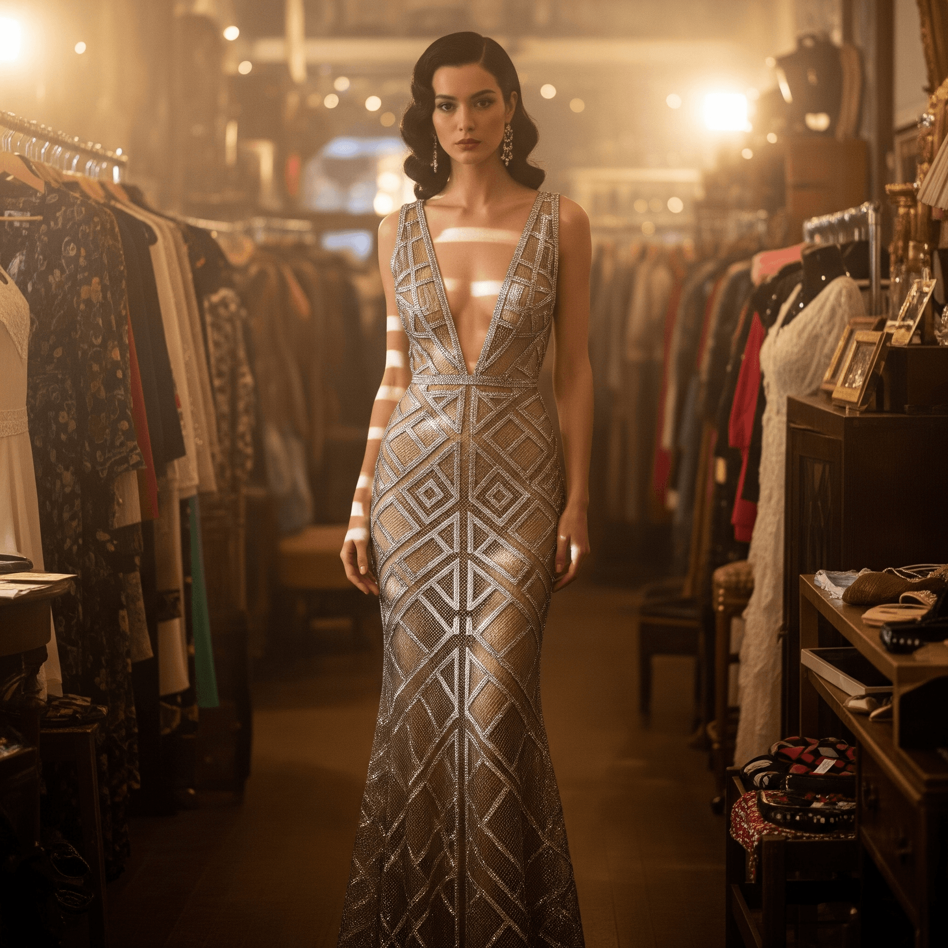AI generated: Metallic mesh geometric deep plunge gown on a slender woman in a vintage shop. Warm, golden lighting...