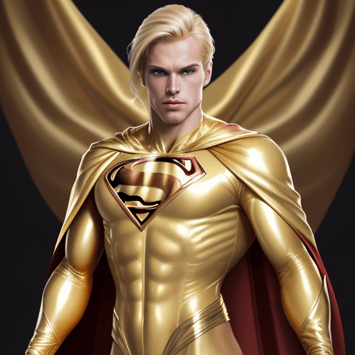 AI generated: male superhero named champion blond hair, skin tight gold suit without logo, gold cape, gold gloves
