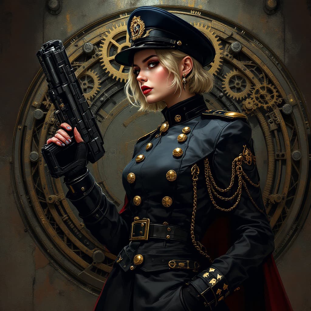AI generated: full body, Portrait of a Evanna Lynch in warhammer 40k comissar tunic, short hair, dieselpunk, arist...