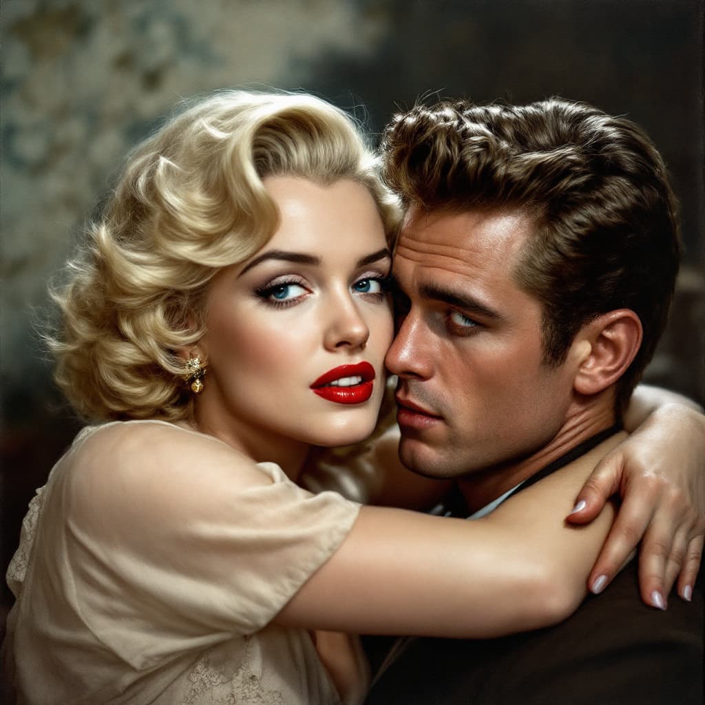 AI generated: Marilyn Monroe and Young James Dean during the Cuban missile crisis, realistic, Portrait 