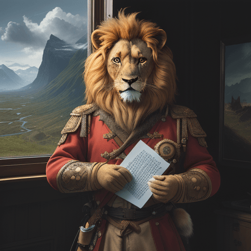 AI generated: the Lion anime character holding a piece of paper as an lion, in the style of max rive, detailed cos...