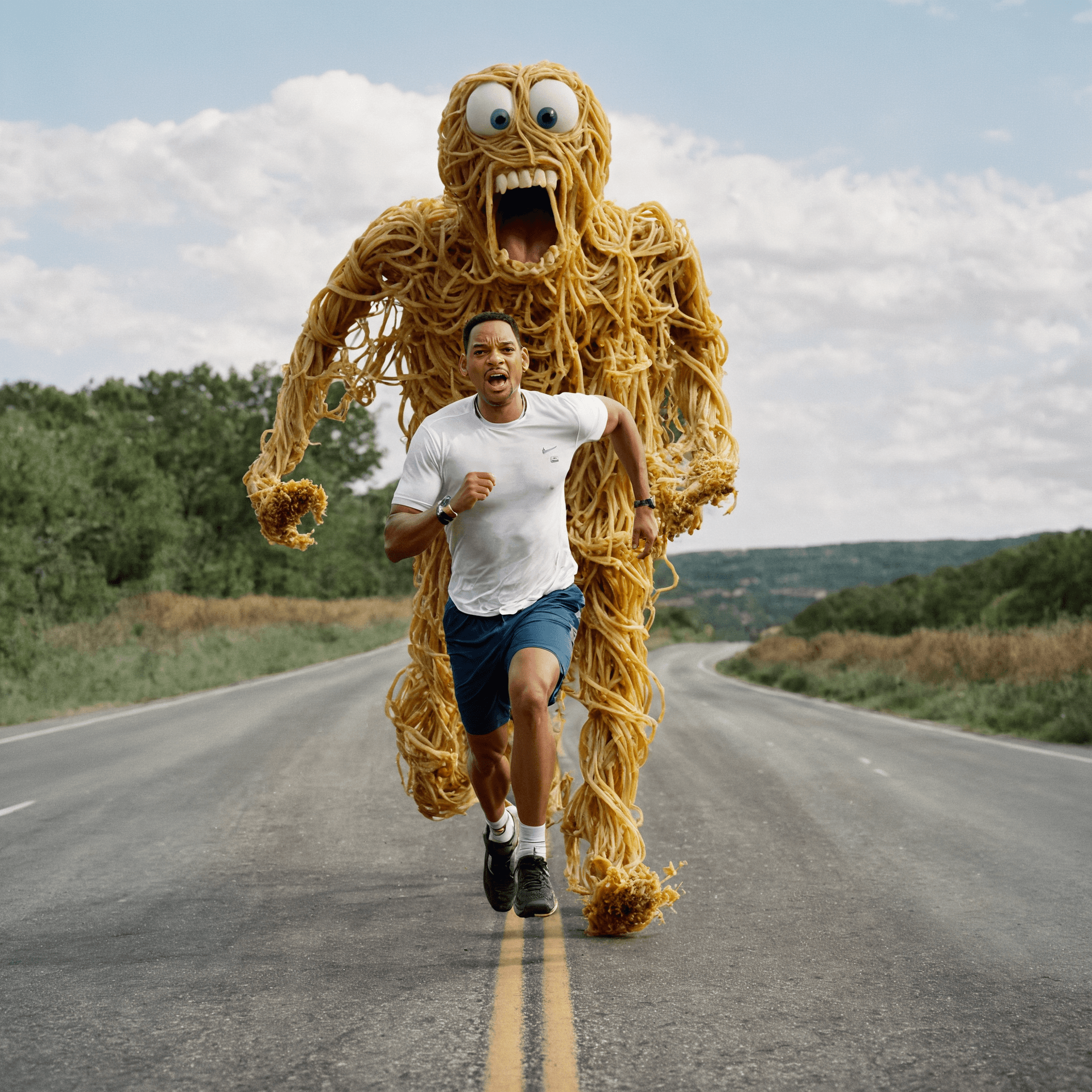 AI generated: Realistic photo of (Will Smith), (running on the road from a giant monster (made out of spaghetti)),...