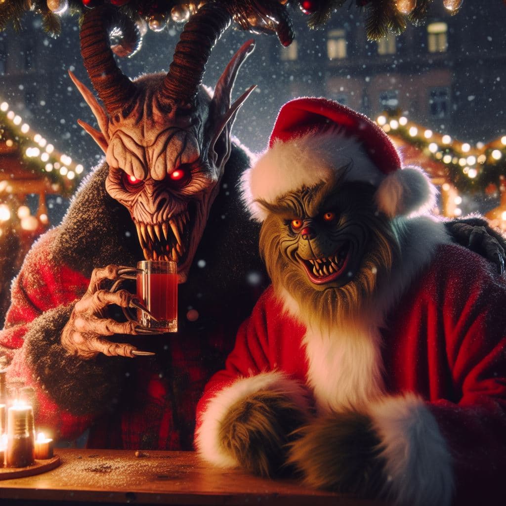 AI generated: nightmare version of the Grinch and Krampus.they are best friends.they drink mulled wine together at...