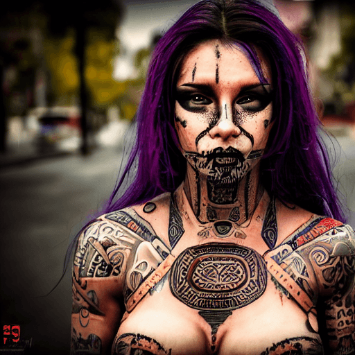 AI generated: Sexy Female Mayan warrior in cyberpunk style, both hands full of tattoos, haunting   insanely detail...