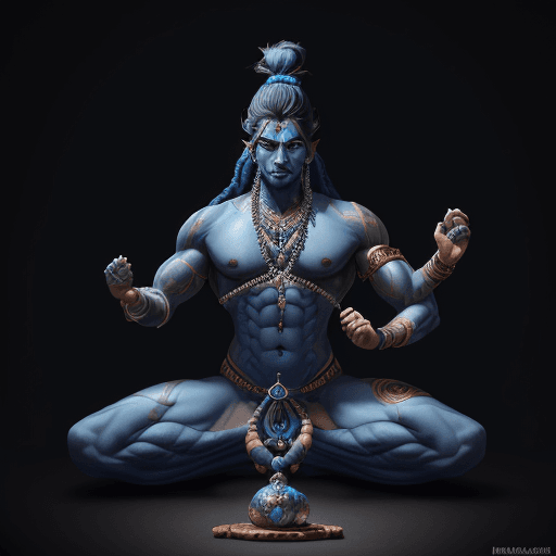 AI generated: Hyper realistic masculine, blue skin colored shiva, with man bun, and Rudraksa beads, in Nataraja po...