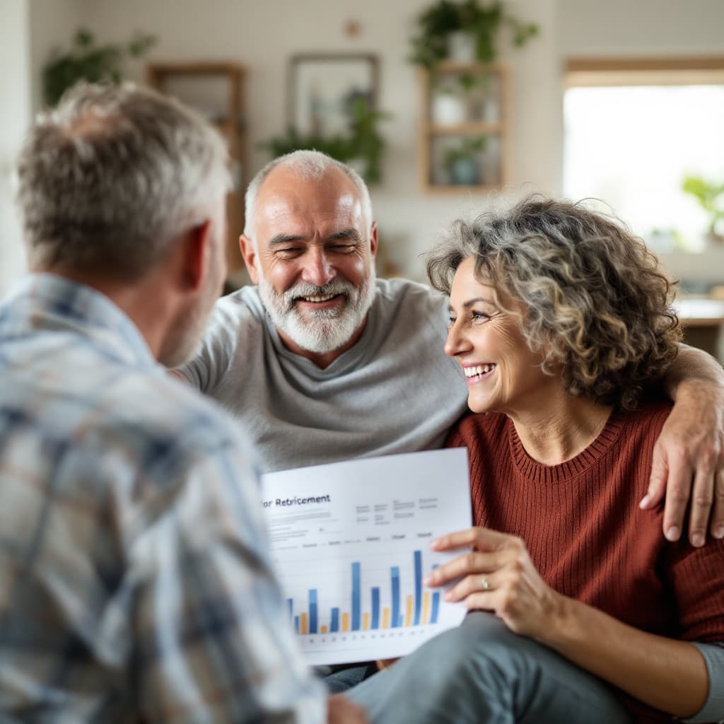 AI generated: A relaxed couple reviewing a retirement timeline or savings chart.