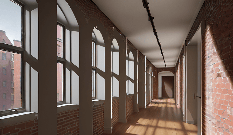 AI generated: High resolution photography of interior design, OF A CORRIDOR INSIDE A HOUSING BUILDING WITH TWO BRI...