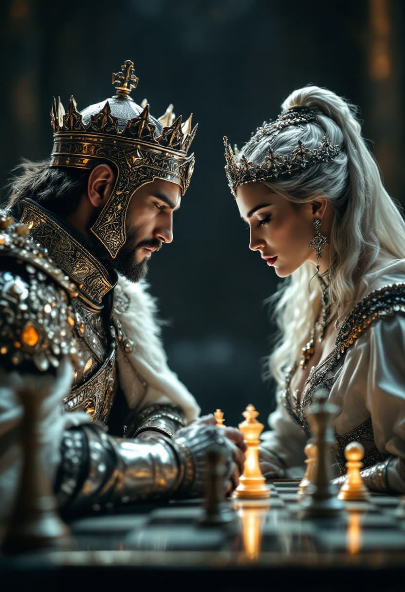 AI generated: Chess Game King and Queen, portrait, finely detailed armor, intricate design, silver, silk, cinemati...