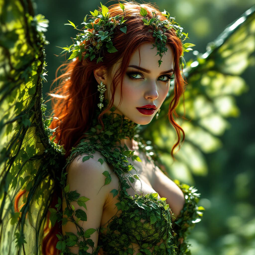AI generated: ultra detailed photo shot of a woman (Jia Lissa) dressed as Poison Ivy, with wings made of ((grassy-...