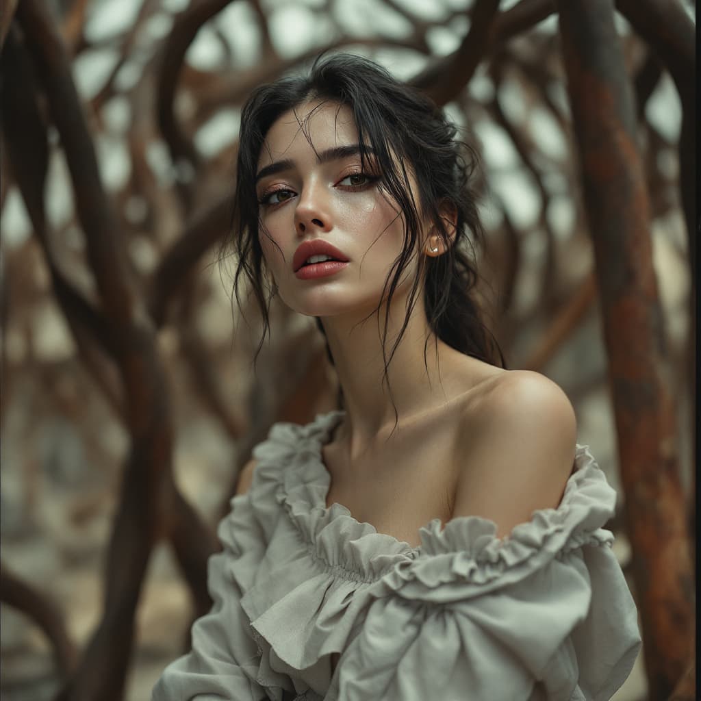 AI generated: pinhole photography, deconstucivist Fashion low angle photo of a 24 year old Armenian-Korean female ...