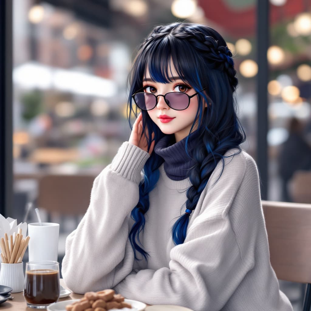 AI generated: girl, long hair, dark blue hair, blue streaked hair, braid, (french braid:1. 1) , (sweater:1. 1) , v...