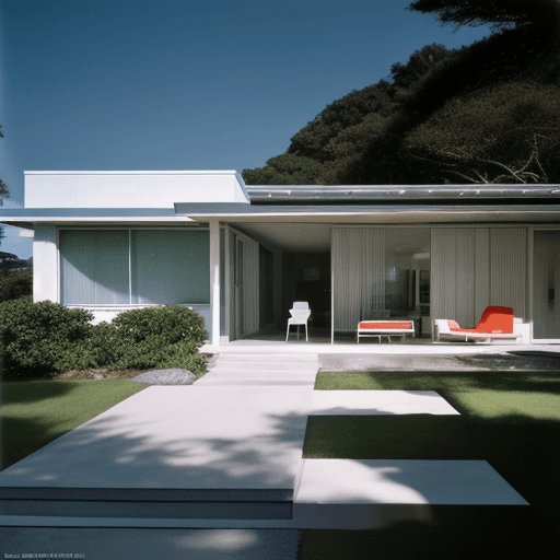 AI generated: Hyper realistic eye level exterior photo of a mid century modern style house overlooking the ocean, ...