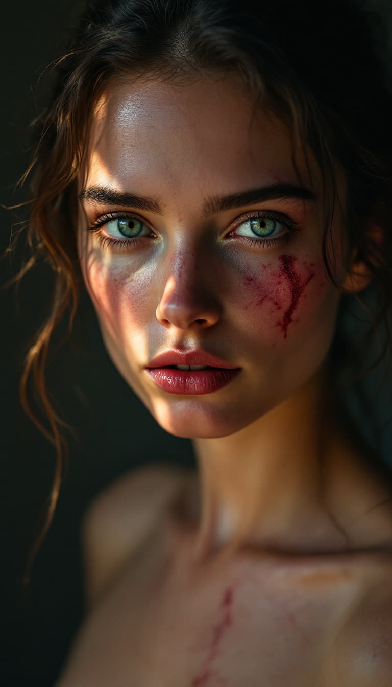AI generated: high-resolution photograph, woman, ugly scar in the face, exposed body,  stunning use of shadows, in...