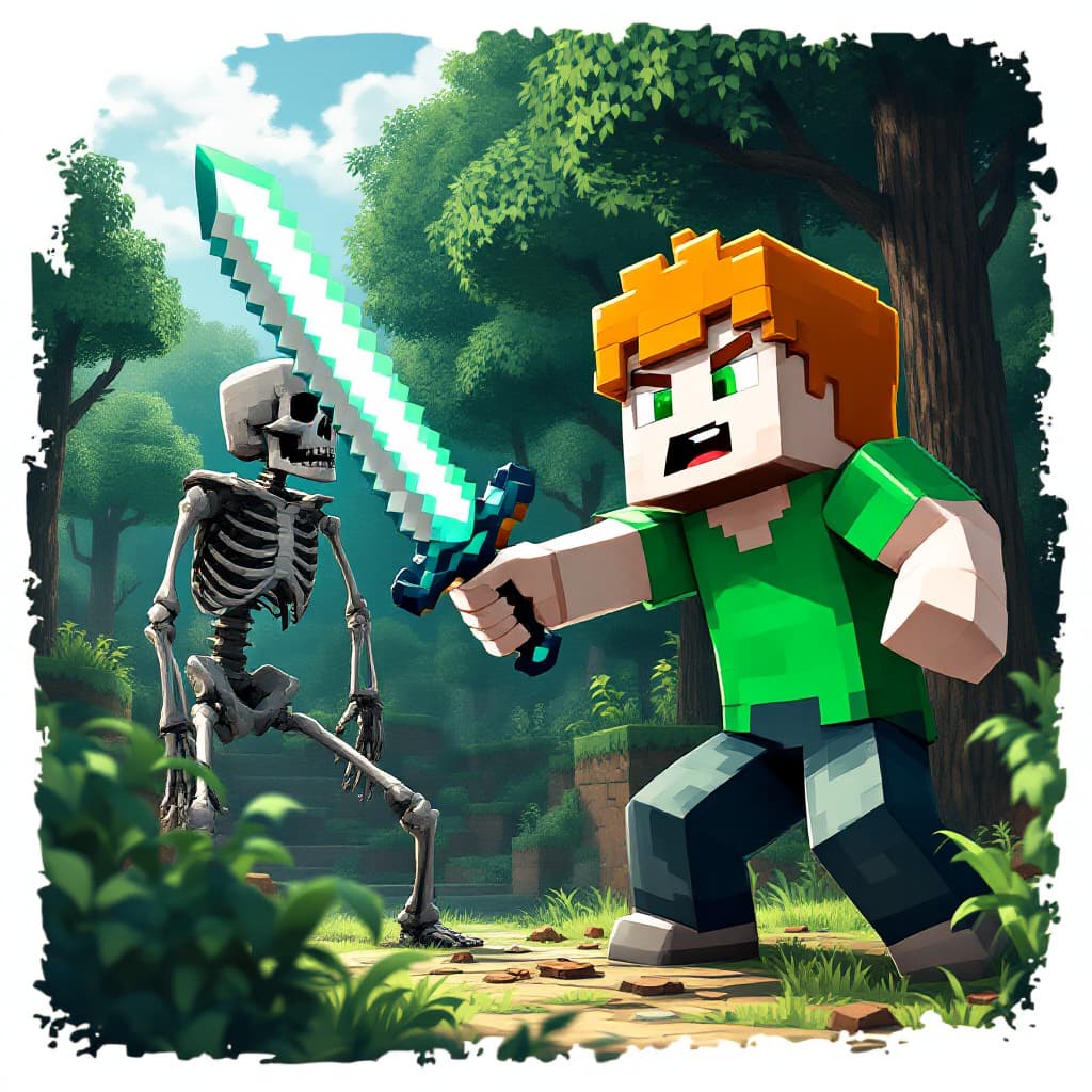 AI generated: ginger with white skin, green eyes and a green shirt in minecraft attacking a skeleton with a diamon...