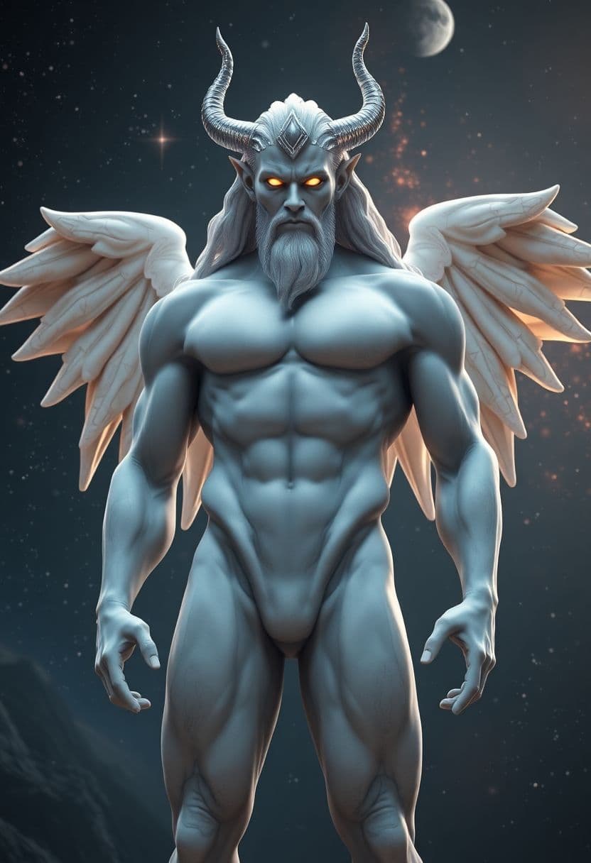 AI generated: God of Gods, full-body, No Hair or mouth, Marble Skin, Etherial, muscular, one Glowing Golden eye an...