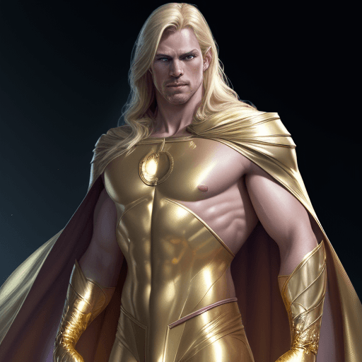 AI generated: male super hero named champion blond hair, no symbol, skin tight gold suit, gold cape, gold gloves, ...