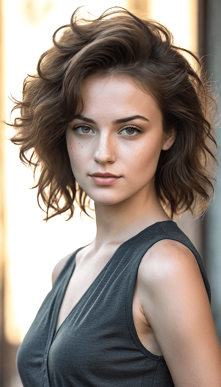 AI generated: A waist-up portrait of a young beautiful brunette girl, lip-gloss, (freckles:0.9) skin, layered cut ...