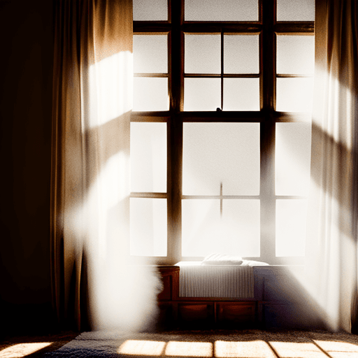 AI generated: dust sheets over the furniture in an old house.  Dust in the air is highlighted by light shafts thro...
